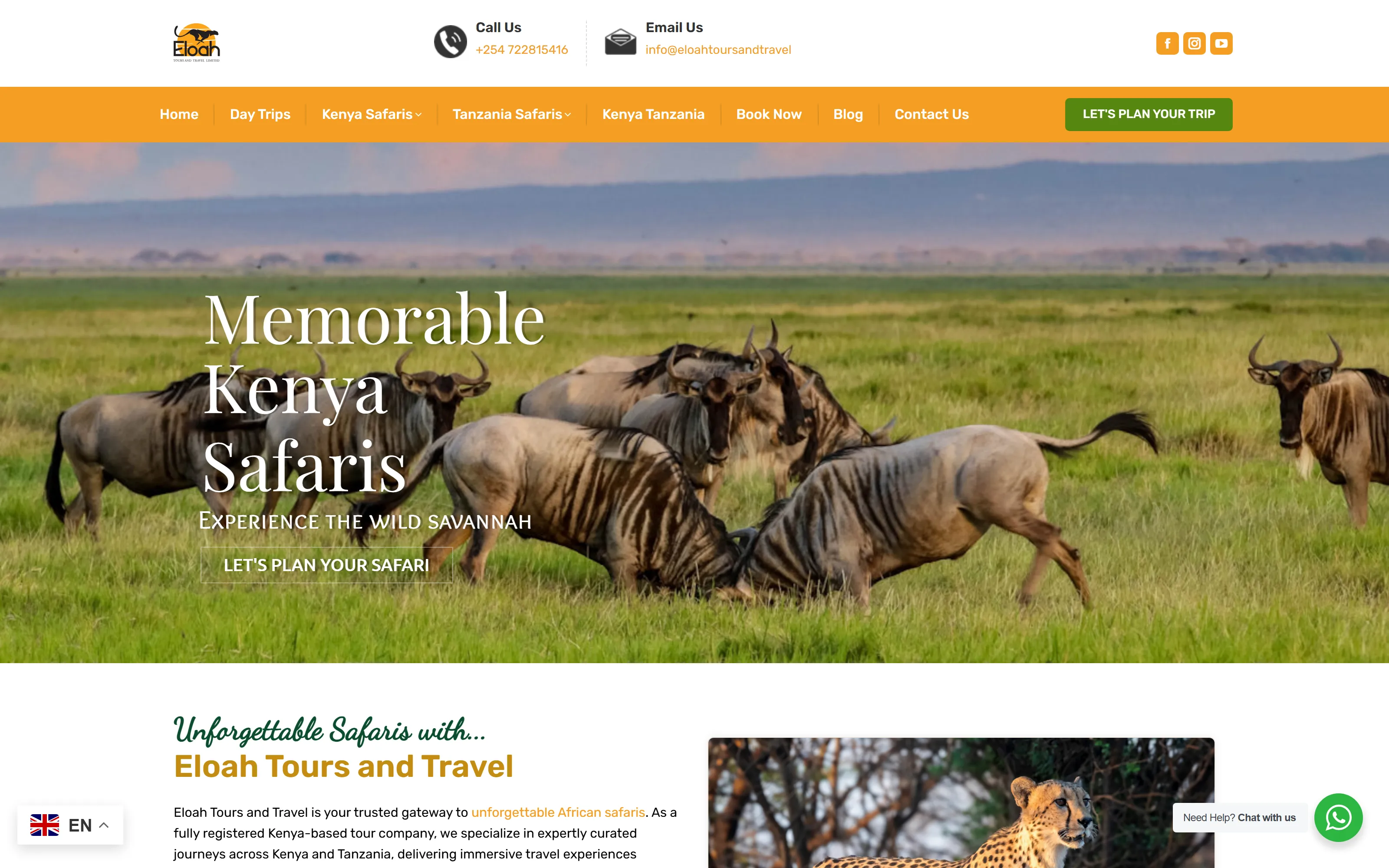 Live screenshot of the Eloah Tours & Travel homepage, showing the safari hero image and site navigation
