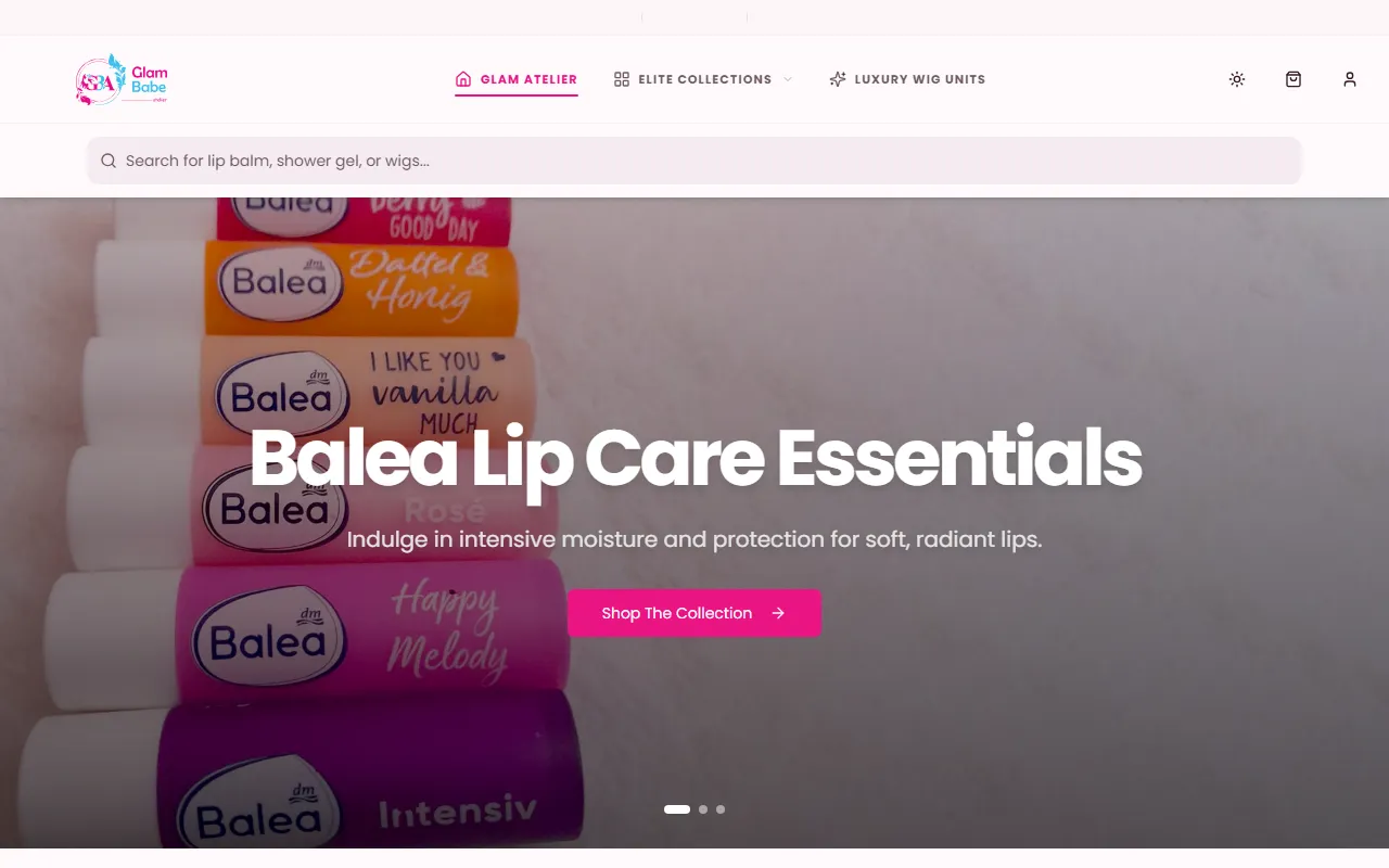 Live screenshot of Glam Babe Atelier — Beauty & Luxury Wig Ecommerce