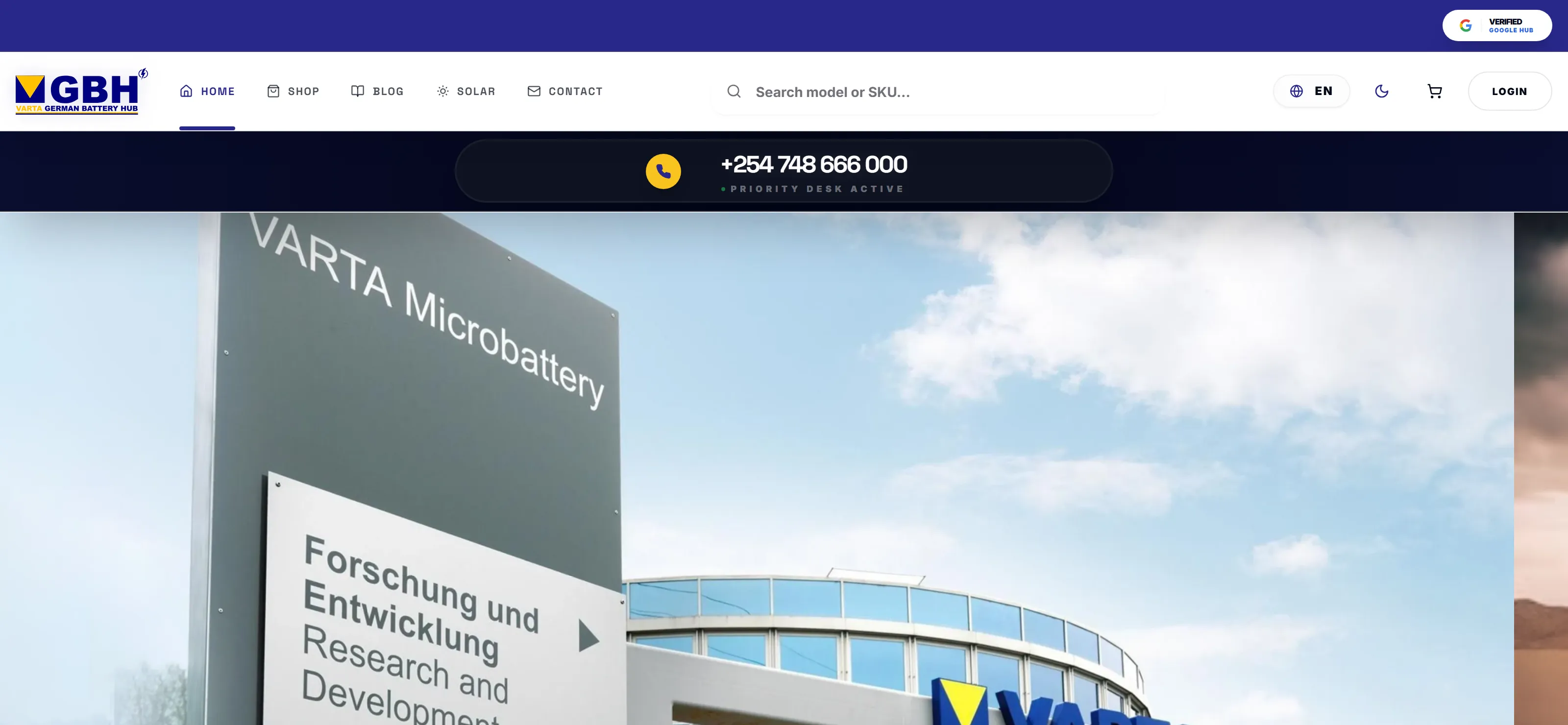 Live screenshot of the Varta German Battery Hub ecommerce homepage, showing the site header, navigation, and hero banner